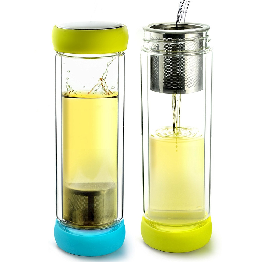 Термобутылка Twin lid желтая/голубая, 0.4 л (Asobu TWG1 teal-lime)