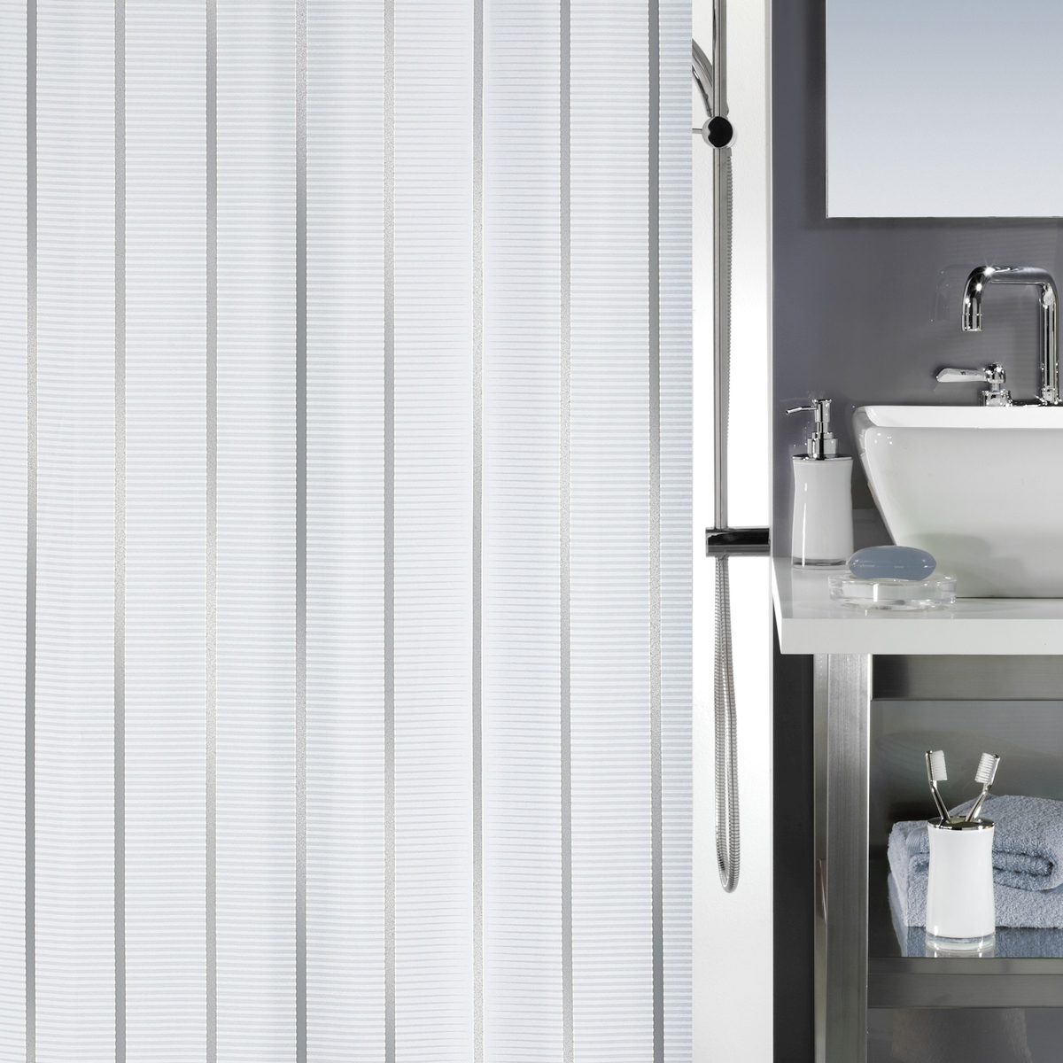Штора для ванной текстильная Vento серебряный, 180 x 200 см (Spirella 1011553)